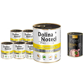 Dolina Noteci Premium Wet Dog Food, Rich in Chicken, 6-Pack (800 g each) + Free Piper Animals with Chicken Hearts and Spinach (400 g)