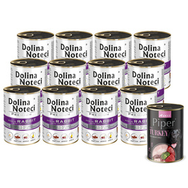 Dolina Noteci Premium Wet Dog Food, Rich in Rabbit with Cranberries, 12 x 400 g Set + Free Piper Animals Wet Dog Food with Turkey and Broccoli, 400 g
