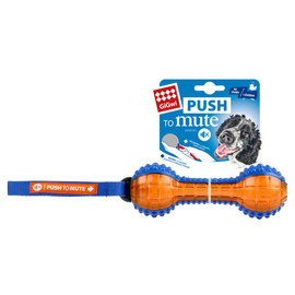 Push-to-mute toy with a squeaker and a dumbbell