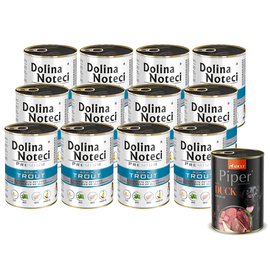 Dolina Noteci Premium Wet Dog Food, Rich in Trout, 12-pack (400 g each) + Free Piper Animals with Duck and Pear (400 g)