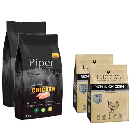 Piper Animals dry dog food with chicken, 2 x 12 kg bag + Luger’s dry dog food rich in chicken, 2 x 1 kg