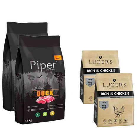 Piper Animals Dry Dog Food with Duck 2 x 12 kg + Luger’s Dry Dog Food Rich in Chicken 2 x 1 kg