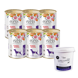 Veterinary wet dog food for dogs with gastric issues: 4Vets Natural Gastro Intestinal 6 x 400 g + Over Zoo Over Gland Support Soft Chews for Dogs 150 g