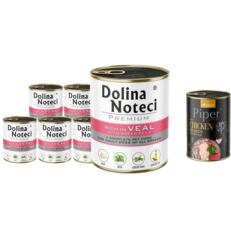 Dolina Noteci Premium Wet Dog Food, Rich in Veal with Green Peas, 6 x 800 g + Free Piper Animals with Chicken Hearts and Spinach, 400 g