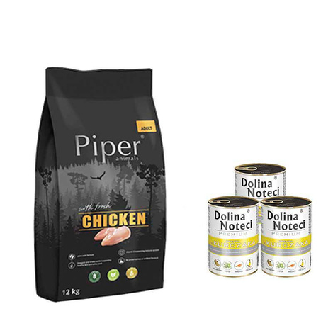 Piper Animals Dry Dog Food with Chicken, 12 kg + 3 x 800 g Set Dolina Noteci, Premium, Rich in Chicken