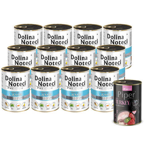 Dolina Noteci Premium Wet Dog Food, Rich in Lamb, 12-Pack (400 g each) + Free Piper Animals Wet Dog Food with Turkey and Broccoli (400 g)