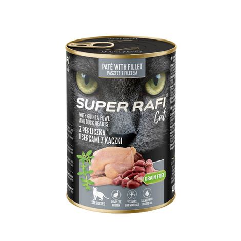 Super Rafi Cat Wet Food for Spayed or Neutered Cats with Guinea Fowl and Duck Hearts, 400 g