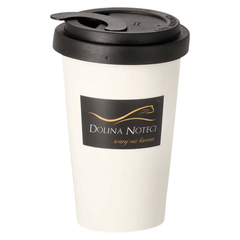 Dolina Noteci 300 ml porcelain mug with a black lid. I work hard for those sachets