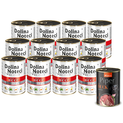 Dolina Noteci Premium Wet Dog Food, Rich in Beef, 12-Pack (400 g each) + Free Piper Animals Wet Dog Food with Duck and Pear (400 g)