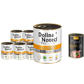 Dolina Noteci Premium Wet Dog Food, Rich in Duck and Pumpkin, 6-Pack (800 g each) + Free Piper Animals with Chicken Hearts and Spinach (400 g)