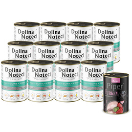 Dolina Noteci Premium Wet Dog Food, Rich in Guinea Fowl with Apple, 12-pack (400 g each) + Free Piper Animals Wet Dog Food with Turkey and Broccoli (400 g)