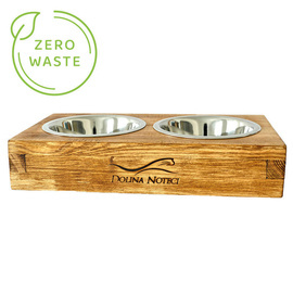 0.9-liter double food bowl for dogs or cats in a stylish wooden stand with a logo Dolina Noteci