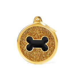 Engraved ID Tag for Dogs and Cats: Circle and Bone Design, Gold Glitter