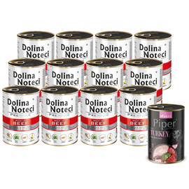 Dolina Noteci Premium Wet Dog Food, Rich in Beef, 12 x 400 g Set + Free Piper Animals Wet Dog Food with Turkey and Broccoli, 400 g