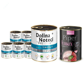 Dolina Noteci Premium Wet Dog Food, Rich in Trout, 6-Pack (800 g each) + Free Piper Animals Wet Dog Food with Turkey and Broccoli (400 g)