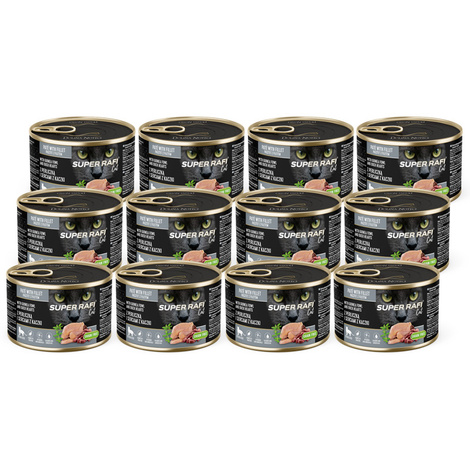 Super Rafi Cat Wet Food for Spayed/Neutered Cats with Guinea Fowl and Duck Hearts, 12 x 185 g Set