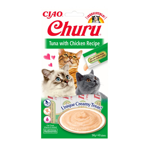 Inaba Cat Churu Cat Treats, Tuna and Chicken Flavor, 4 x 14 g