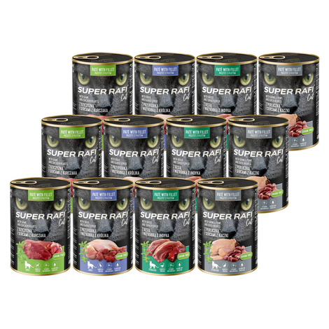 Super Rafi Cat Wet Food for Spayed Cats, Assorted Flavors, 12 x 400 g Pack