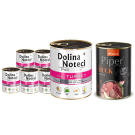 Dolina Noteci Premium Wet Dog Food, Turkey-Rich, 6-Pack (800 g each) + Free Piper Animals Wet Dog Food with Duck and Pear (400 g)
