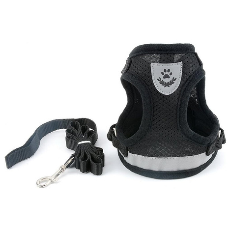 Black Mesh Harness with Leash, Size M, with Reflective Strips, for Cats and Small Dogs