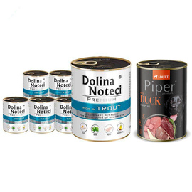 Dolina Noteci Premium Wet Dog Food, Rich in Trout, 6-Pack (800 g each) + Free Piper Animals with Duck and Pear (400 g)