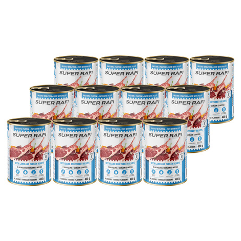 Super Rafi Wet Dog Food with Lamb and Turkey Hearts, 12 x 400 g Set