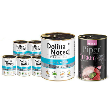 Dolina Noteci Premium Wet Dog Food, Rich in Lamb (Set of 6 x 800 g) + Free Piper Animals Wet Dog Food with Turkey and Broccoli (400 g)
