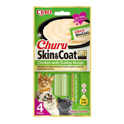 Inaba Churu Skin&Coat Creamy Cat Treats, Chicken and Scallop Flavor, 4 x 14 g