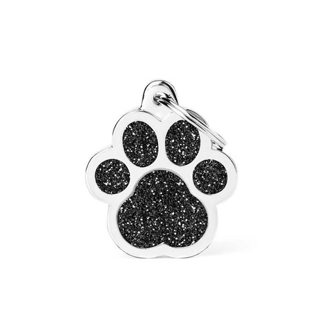 Engraved ID Tag for Dogs and Cats: Large Black Glitter Paw Print