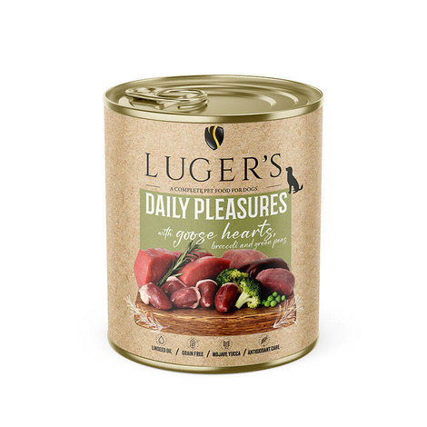 Luger's Daily Pleasures Wet Dog Food with Goose Hearts, Broccoli, and Green Peas, 800 g