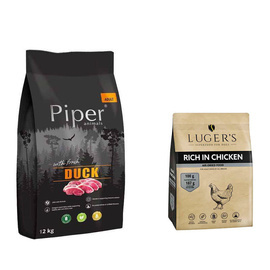 Piper Animals Dry Dog Food with Duck, 12 kg + Luger’s Dry Dog Food Rich in Chicken, 1 kg