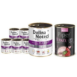 Dolina Noteci Premium Wet Dog Food, Rich in Rabbit with Cranberries, 6-Pack (800 g each) + Free Piper Animals Wet Dog Food with Turkey and Broccoli (400 g)
