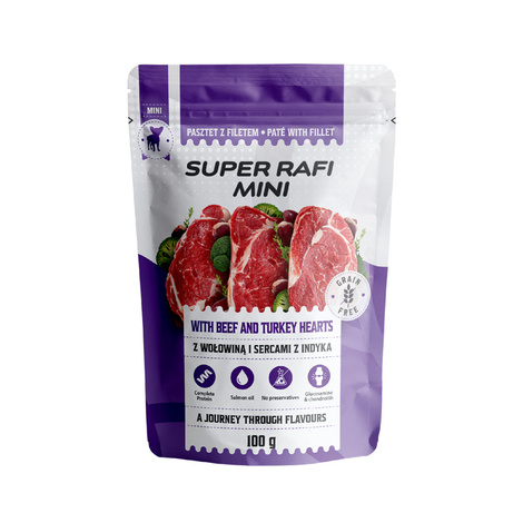 Super Rafi Mini Wet Food for Small Breed Dogs with Beef and Turkey Hearts, 100 g