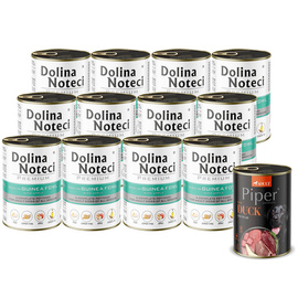 Dolina Noteci Premium Wet Dog Food, Rich in Guinea Fowl and Apple, 12 x 400 g Set + Free Piper Animals Wet Dog Food with Duck and Pear, 400 g
