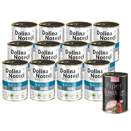 Dolina Noteci Premium Wet Dog Food, Rich in Trout, 12 x 400 g Set + Free Piper Animals with Turkey and Broccoli, 400 g