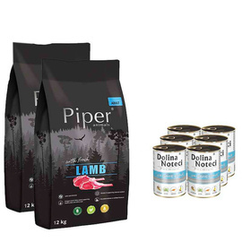 Piper Animals Dry Dog Food with Lamb, 2 x 12 kg + 6 x 800 g Set Dolina Noteci, Premium Lamb