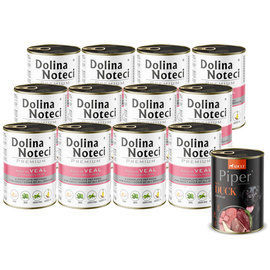 Dolina Noteci Premium Wet Dog Food, Rich in Veal with Green Peas, 12 x 400 g Set + Free Piper Animals with Duck and Pear, 400 g