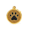 Engraved ID Tag for Dogs and Cats: Circle with Paw Print, Gold Glitter