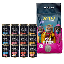 Dolina Noteci Premium Wet Cat Food Set 12 x 400 g + Rafi Lavender-Scented Clumping Cat Litter, Standard, 10 l