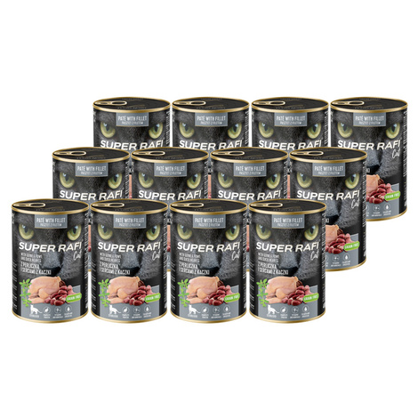 Super Rafi Cat Wet Food for Spayed/Neutered Cats with Guinea Fowl and Duck Hearts, 12 x 400 g