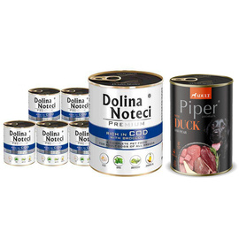 Dolina Noteci Premium Wet Dog Food, Rich in Cod with Broccoli, 6-Pack (800 g each) + Free Piper Animals Wet Dog Food with Duck and Pear (400 g)
