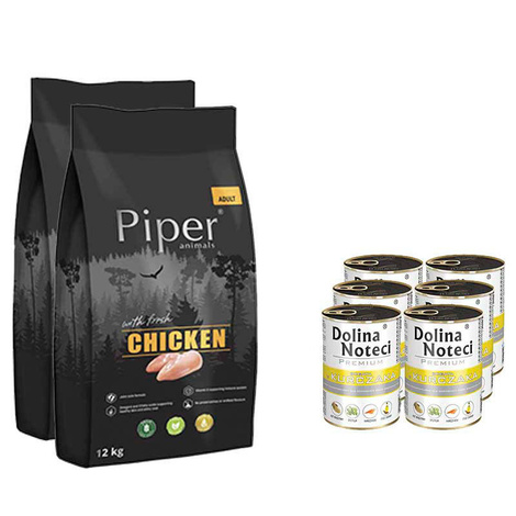 Piper Animals Dry Dog Food with Chicken, 2 x 12 kg + 6 x 800 g Set Dolina Noteci Premium, Rich in Chicken