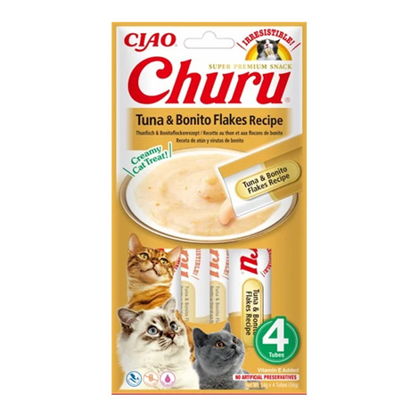 Inaba Churu Creamy Cat Treats, Tuna Flavor with Bonito Flakes, 4 x 14 g