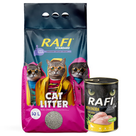 Rafi Clumping Cat Litter, Lavender Scent, Standard, 10 L + Free Rafi Cat Adult with Chicken, 400 g