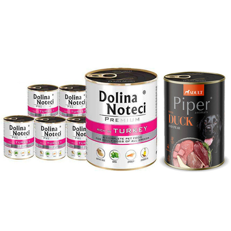 Dolina Noteci Premium Wet Dog Food, Turkey-Rich, 6-Pack (800 g each) + Free Piper Animals Wet Dog Food with Duck and Pear (400 g)