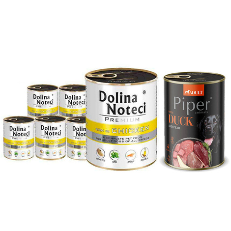 Dolina Noteci Premium Wet Dog Food, Rich in Chicken, 6-Pack (800 g each) + Free Piper Animals Wet Dog Food with Duck and Pear (400 g)