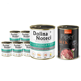 Dolina Noteci Premium Wet Dog Food, Rich in Guinea Fowl and Apple, 6 x 800 g Set + Free Piper Animals Wet Dog Food with Duck and Pear, 400 g