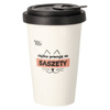 Dolina Noteci 300 ml porcelain mug with a black lid. I work hard for those sachets