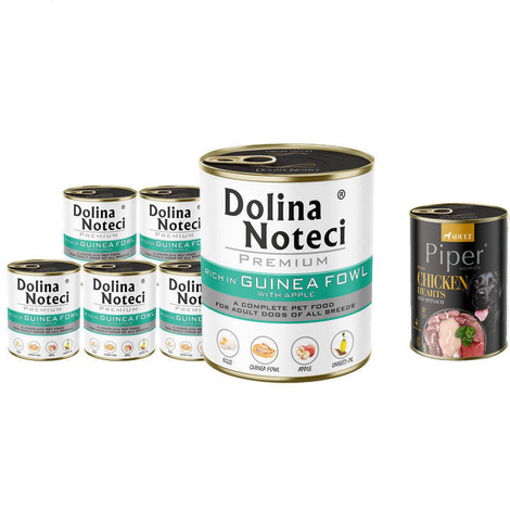 Dolina Noteci Premium Wet Dog Food, Rich in Guinea Fowl and Apple, 6-Pack (800 g each) + Free Piper Animals with Chicken Hearts and Spinach (400 g)