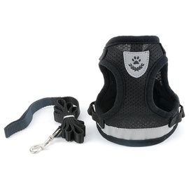 Black Mesh Harness with Leash, Size M, with Reflective Strips, for Cats and Small Dogs